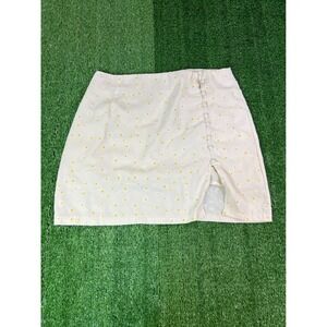 Polly Womens Daisy Floral Print Mini Skirt Cream Yellow Button Slit Size 8 EU 40